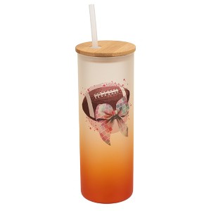 Elanze Designs 25 Ounce Frosted Glass Gradient Travel Tumbler With Straw and Wooden Lid, Football With Disco Bow Orange - 1 of 1