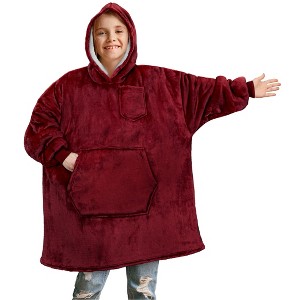 PAVILIA Wearable Blanket Sweatshirt Kids Boy Girl, Warm Cozy Giant Hoodie, Fleece Faux Shearling Oversized Sweater, Big Pocket - 1 of 4