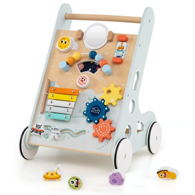 Infans Wooden Baby Walker Push and Pull Learning Activity Center with Wheels Push Toy