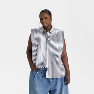 KBB by KAHLANA Women's Sleeveless 'The Shoulder Pad Shirt' - Blue/White Striped - 1 of 3