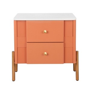 Vynxaria Modern Nightstand - 2 Storage Drawers, Fluted Design, Golden Metal Handles/Legs, Anti-Tip Bracket, Bedroom/Living Room End Table,Orange - 1 of 4