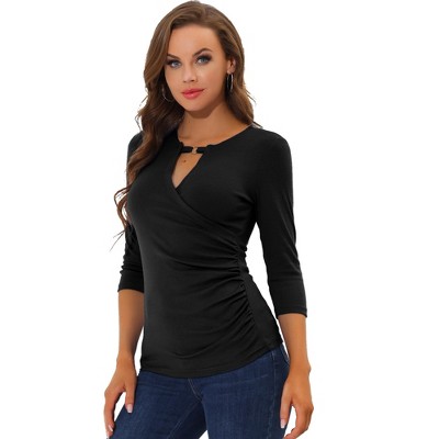 INSPIRE CHIC Women's Keyhole Neck Faux Wrap 3/4 Sleeve Ruched Cotton Blouse Top Shirts