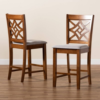 Nicolette Grey Fabric and Walnut Wood Counter Stools, Set of 2