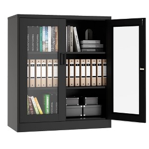Mlezan 36" Storage Cabinet: Lockable Glass Door, 2 Adjustable Shelves. Steel Locker for Office, Home, or Pantry Storage and Organization. - 1 of 4