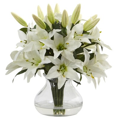 Nearly Natural Lily Arrangement with Vase 13.5
