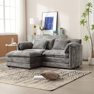 76.77'' Chenille Double Sofa with Removable Armrests L-Shaped Sectional Sofas, Footstool, and Convenient Side Pockets - 1 of 4