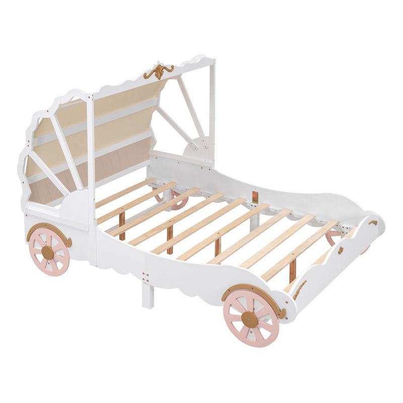 Full/Twin Size Princess Carriage Bed with Canopy, Wood Platform Bed with 3D Carving Pattern, White+Pink-ModernLuxe, 4 of 10