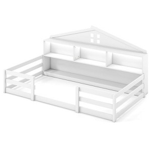 Costway Twin/Full Size Montessori Floor Bed with LED Lights Safety Guardrails Compartments Shelf White/Gray - 1 of 1
