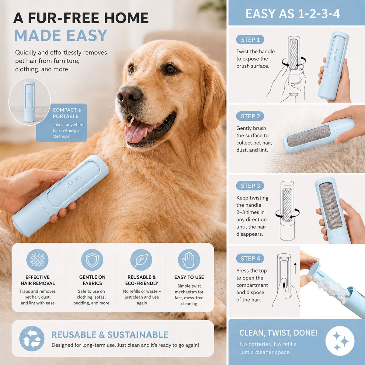 Pet Life Orotund Magical Lint and Pet Hair Removal Brush, Blue - thumbnail 2