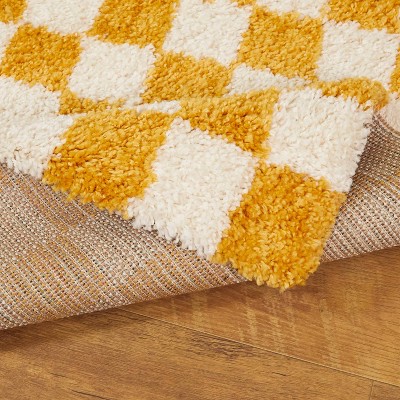 Yellow and White Checkered Shag Rug, 8' x 10', Synthetic