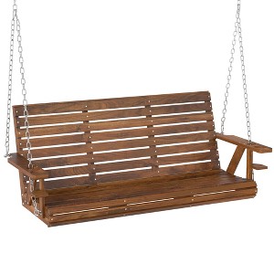 Outsunny Wooden Porch Swing 3-Seater, 5 FT Outdoor Patio Swing Bench with Cupholders - 1 of 4