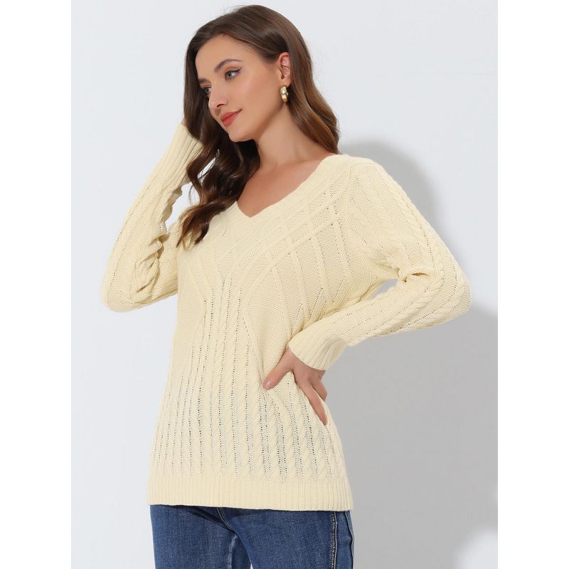 Allegra K Women's Fall Cable Long Sleeves V Neck Knit Pullover Sweater, 3 of 6
