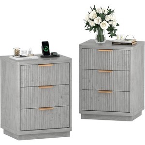 Set of 2 Fluted Farmhouse Nightstands with Charging Station, Modern Mid-Century Bedroom Bedside Tables, 1-Drawer Nightstands with Metal Handles - 1 of 4