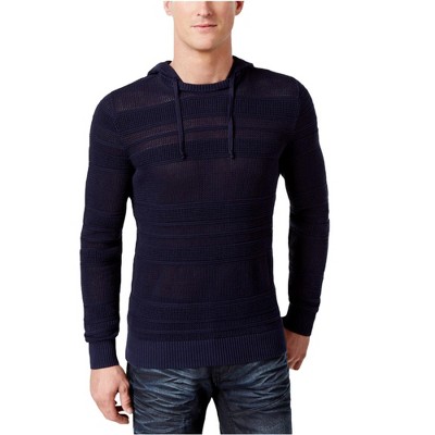 I.N.C International Concepts Mens Open Knit Hooded Pullover Sweater, Blue, Medium