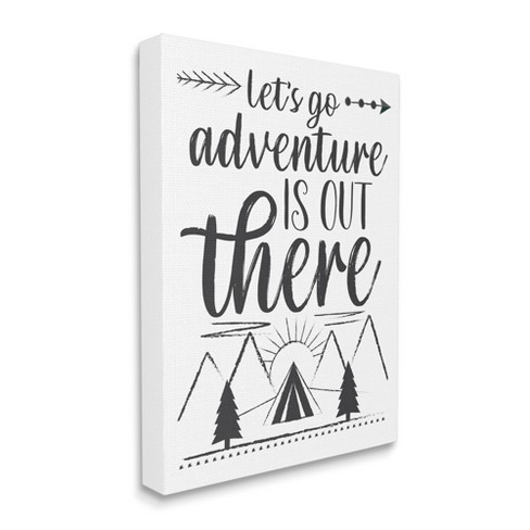 Stupell Industries Adventure's Out There Phrase Camping Tent Mountain Range  Gallery Wrapped Canvas Wall Art, 16 x 20