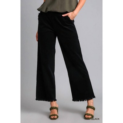 Women's Wide Leg Pant with Elastic Waist, Pockets, and Frayed Hem - umgee