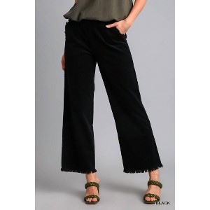 Women's Wide Leg Pant with Elastic Waist, Pockets, and Frayed Hem - umgee - 1 of 2
