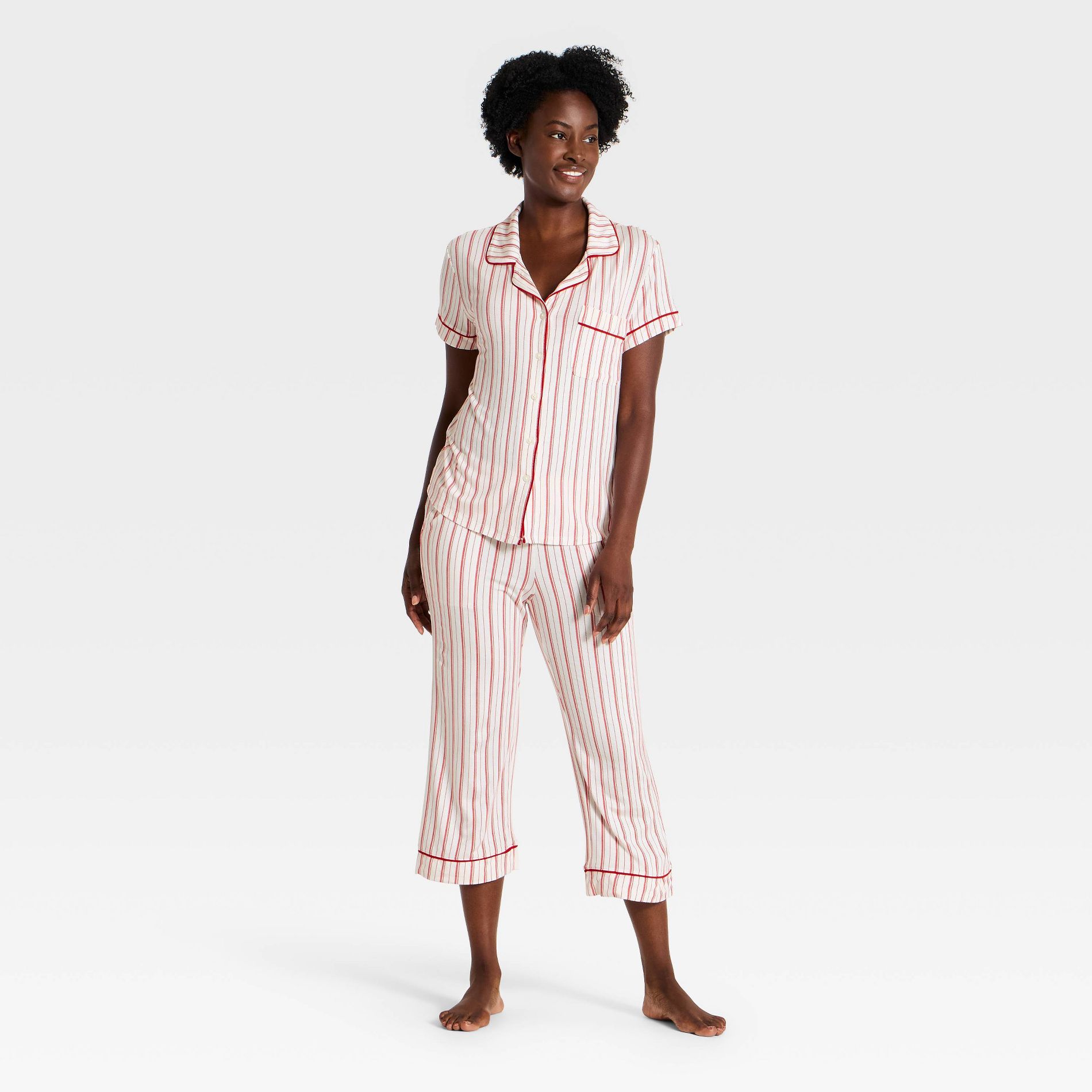 Women's Cloud Knit Modal Short Sleeve Notch Collar Top and Capri Pants Pajama Set - Auden™