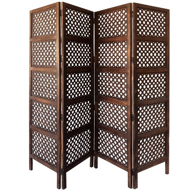 Benzara Decorative Four Panel Mango Wood Hinged Room Divider with Circular Cutout Design Brown