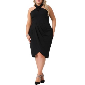 Agnes Orinda Women's Plus Size Halter Neck Sleeveless Wrap Front Ruched Midi Bodycon Cocktail Dress - 1 of 4