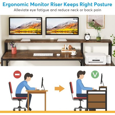 Rustic Brown Adjustable Height Wood Computer Desk with Drawer and Filing Cabinet