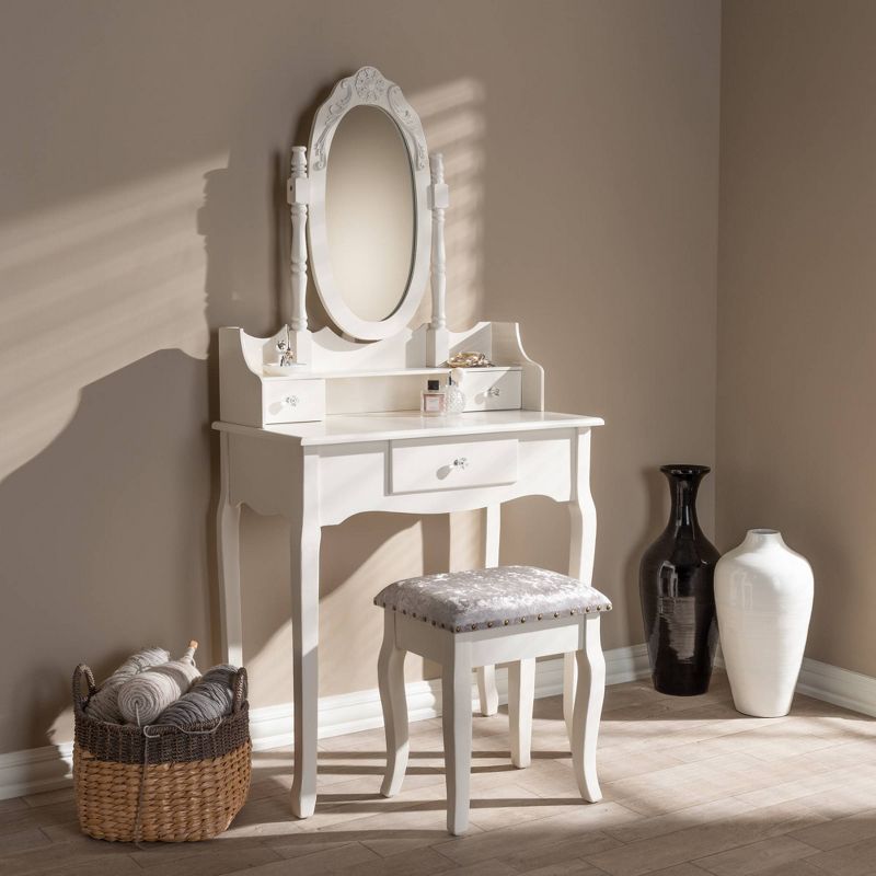 2pc Veronique White Finished Wood Vanity Table with Mirror and Ottoman White - Baxton Studio, 5 of 11