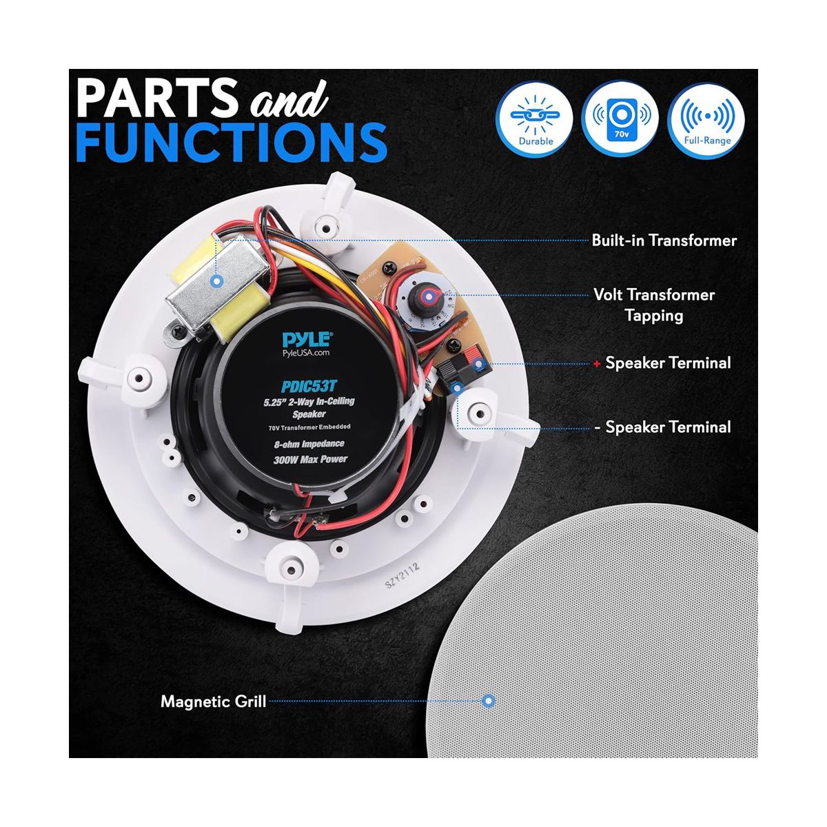 Pyle 5.25" In-Wall/Ceiling Speakers with 70V Transformer - 2-Way, 300W - PDIC53T - thumbnail 6