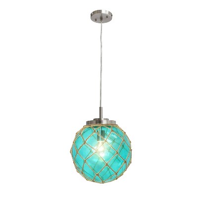 Aqua Sea Glass Globe Pendant with Brushed Nickel & Natural Rope Accent
