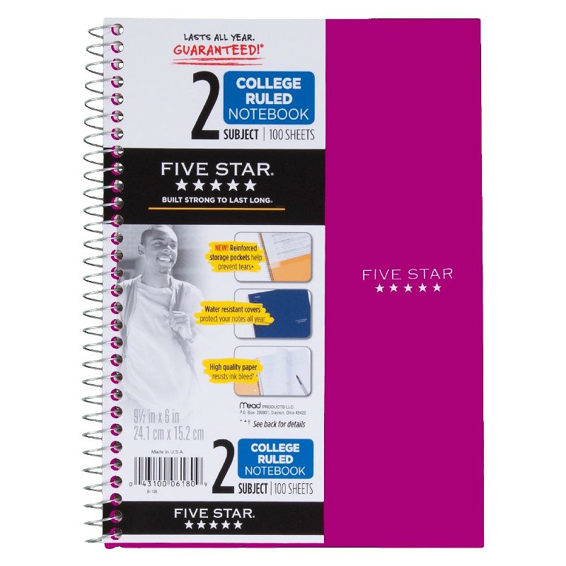 Five Star 2 Subject College Ruled Solid Spiral Notebook (Colors May Vary), 1 of 8