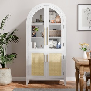 MAYEERTY 63" Tall Arched Storage Cabinets Wood Storage Cabinets with Glass Rattan Door Adjustable Shelf for Living Room Dining Room White - 1 of 4