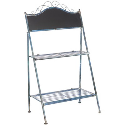 Antique Blue Iron Two-Tier Outdoor Plant Stand