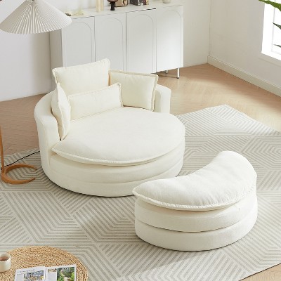 VYNXARIA Swivel Accent Barrel Modern Beige Sofa Lounge Club Big Round Chair with Storage Ottoman chenille Fabric for Living Room Hotel with 4 Pillows