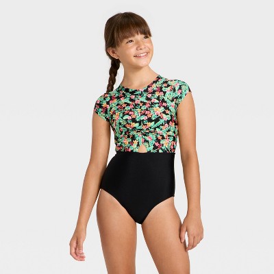 Girls' Short Sleeve Sunset Tropics One Piece Swimsuit - Cat & Jack™ Black