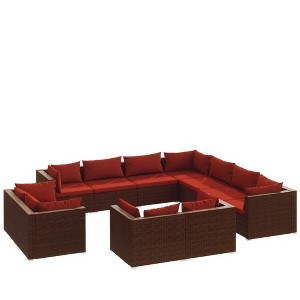 vidaXL Brown Poly Rattan 11 Piece Patio Lounge Set with Cinnamon Red Cushions - Outdoor Furniture Set for Patio, Garden, Backyard, and Poolside - 1 of 4