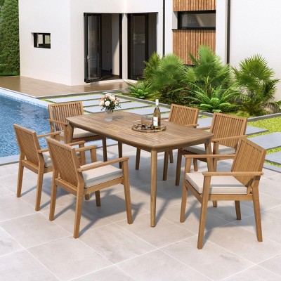 7 Piece Acacia Wood Outdoor Dining Set, 70'' Rectangular Patio Dining Table and 6 Chairs with Cushions, Wooden Garden Dining Set-Coolbibila