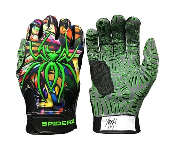Spiderz Hybrid Tac Palm Baseball/Softball Batting Gloves Adult Graffiti - Black/Green - L