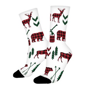 Buffalo Plaid Woodland Moose Women Printed Crew Socks Funny Funky Socks Soft Polyester Novelty Gifts for Artists Men - 1 of 1