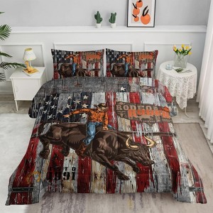 Western Cowboy Comforter Set Queen Size – 3Pcs Bull Riding Quilt with American Flag Print, Rustic Country Bedding for Boys Teens Men Room Decor - 1 of 4
