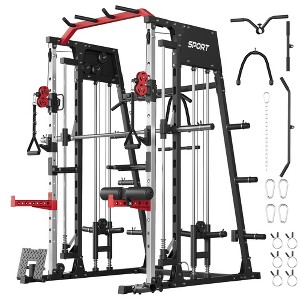 Smith Machine, 2200lbs Power Rack with Smith Bar, Cable Crossover Machine for Home Gym, Multifunctional Smith Machine with LAT Pulldown System - 1 of 4