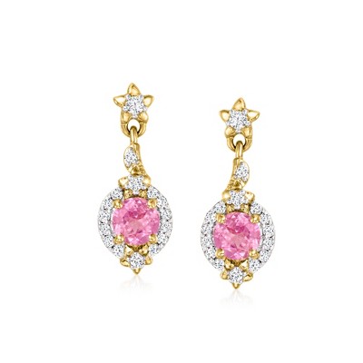 Ross-Simons 0.60 ct. t.w. Pink Sapphire and .16 ct. t.w. Diamond Drop Earrings in 14kt Yellow Gold