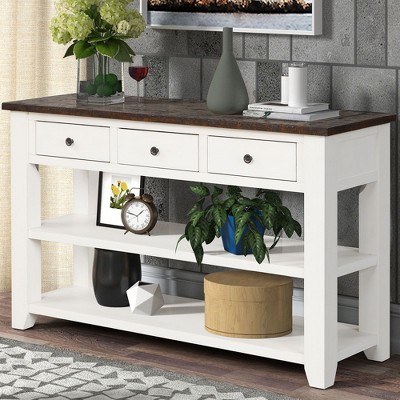 CAVINAS 48" Console Table, Solid Pine Wood Top, Modern Entryway Sofa Side Table with 3 Storage Drawers and 2 Shelves