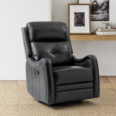 Flavio Genuine Leather Swivel Rocker Recliner with nailhead trims for living room | ARTFUL LIVING DESIGN