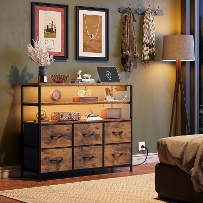 GALAXHERO 6 Drawer Dresser with LED Lights and Charging Station Fabric Chest with Open Shelves Bedroom and Living Room Storage Rustic Brown