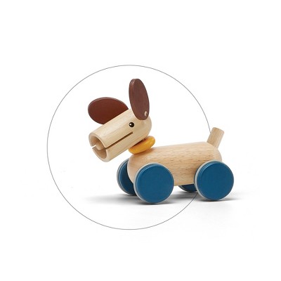 Natural Rubberwood Push and Pull Puppy Toy with Blue Wheels