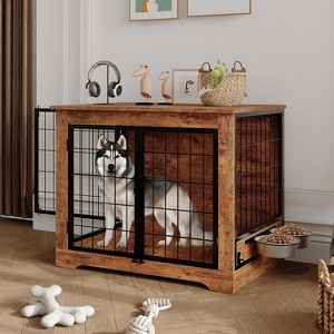 Dog Cage with 360° Rotating Feeder, 37.2-inch Wooden Indoor Kennel with 2 Doors, Anti-Bite and Anti-Escape, Suitable for Small and Medium Dogs - 1 of 4