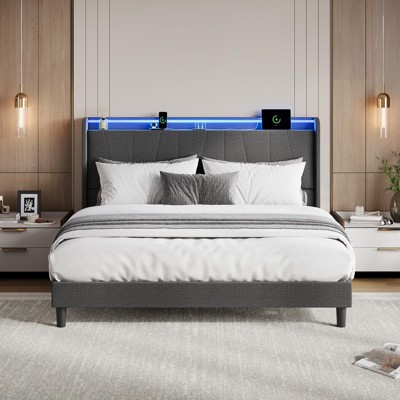 GustoWave Fabric Upholstered Platform Bed Frame, with Under Storage, Steel Slats