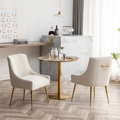 SEYNAR Modern Glam Boucle Pleated Velvet Dining Chair or Vanity Chair Set of 2 with Rear Handle,Beige,25"D x 22"W x 33"H