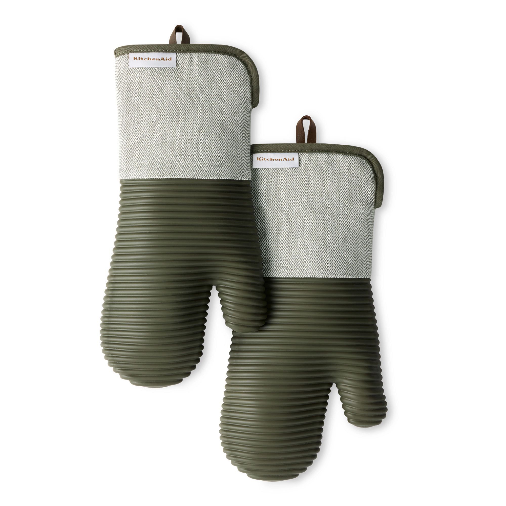 KitchenAid Evergreen Design Series Herringbone Ribbed Soft Silicone Oven Mitts 2-Pack, Heat Resistant, Waterproof, Deep Forest Green
