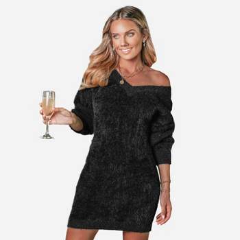 Women's Black V-Neck Long Sleeve Bodycon Sweater Dress - Cupshe