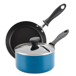 Farberware 3pc Nonstick Aluminum Reliance Skillet and Covered Saucepan Cookware Set Teal, Blue